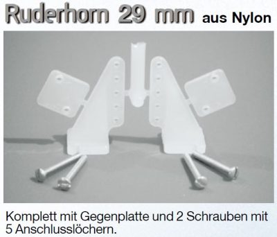 Ruderhorn 29 mm aus Nylon Komplett mit Gegenplatte und 2 Schrauben mit 5 Anschlusslöchern 2 Stück | # 1025562